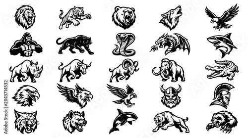 Black and white animal icons set.
