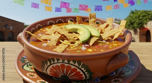 Mexican tortilla soup with avocado and crispy tortilla strips mildly spicy latin american
