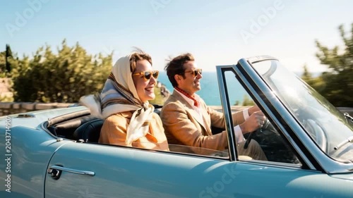 Couple driving vintage convertible on sunny day, freedom, road trip and joyful lifestyle concept in scenic outdoor setting.