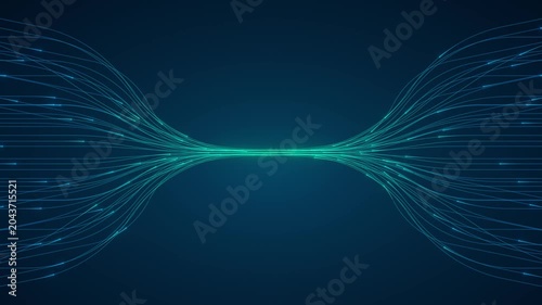 Abstract glowing cyan and blue data lines flowing from both sides and converging at a bright center point on dark navy background. Technology concept for data transfer, fiber optic, network
