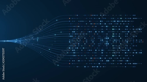 Abstract data lines branching from single point and dissolving into a glowing dot matrix grid on dark blue background. AI and bigdata visualization concept for machine learning, dataset, and digital