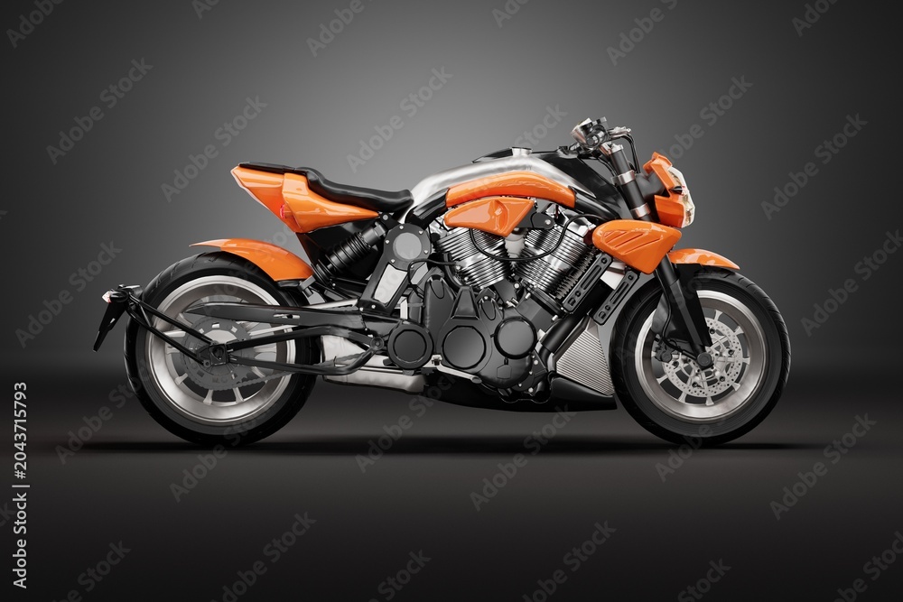 Obraz premium Side view of modern orange cruiser motorcycle isolated on dark background, professional studio 3D render with realistic details.