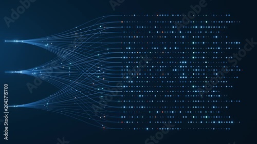Three data source points on the left branch into crossing lines and expand into a full dot matrix on dark blue background. AI neural network layer concept for deep learning, parallel processing, and