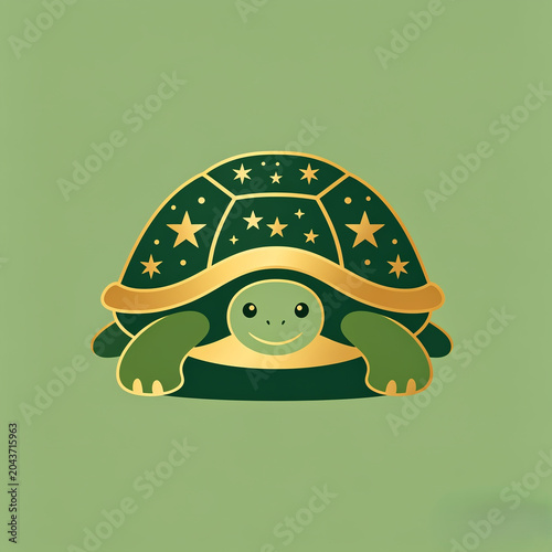 A cartoon turtle with a starry shell on a green background
