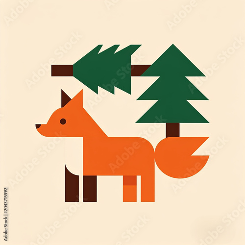 A stylized illustration of a fox standing in a forest with trees
