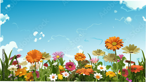 a vibrant field of gerbera daisies in colorful vector illustration flowers sky clouds nature outdoor landscape botanical floral artwork graphic design