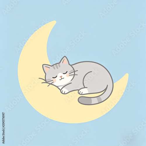 A serene cartoon cat peacefully sleeping on a crescent moon