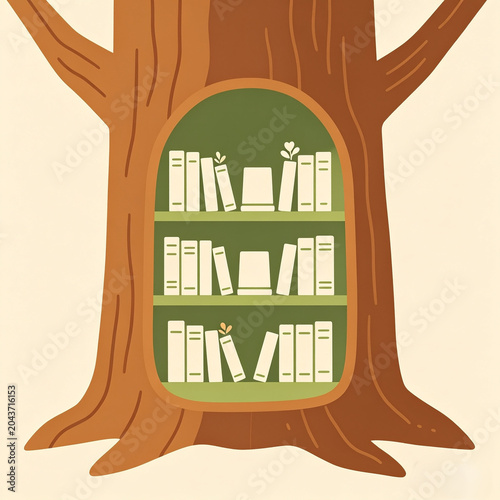 A whimsical tree with a built-in bookshelf full of books