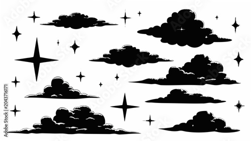 Canvas Print solid black cloud shapes and stars on white background silhouette vector illustr