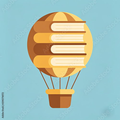 A hot air balloon made of books floating in the sky