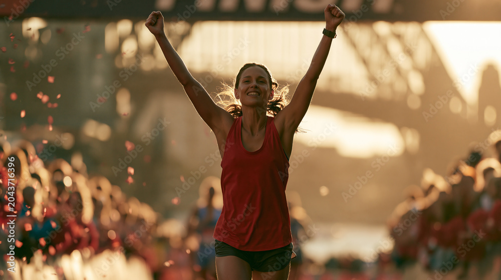 Fototapeta premium Female Runner Crossing Sydney Marathon Finish Line, Arms Raised in Victory, Golden Hour