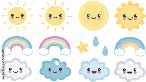 Photos grid of smiling weather elements flat vector style sun rainbow cloud star raindr