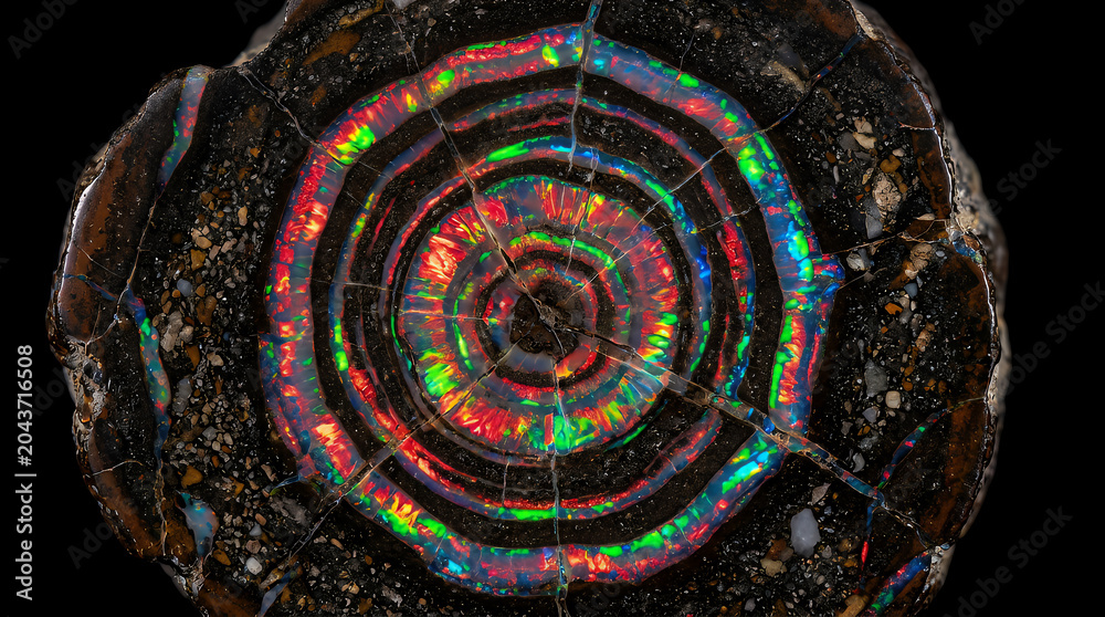 Fototapeta premium Opal gemstone displays vibrant concentric rings of iridescent color patterns against a deep black background which highlights the intricate mineral structure and natural beauty of this rare fossil.