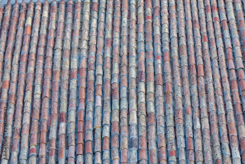 Weathered Terracotta Roof Tiles Pattern Showing Vintage Mediterranean Texture and Repeating Lines