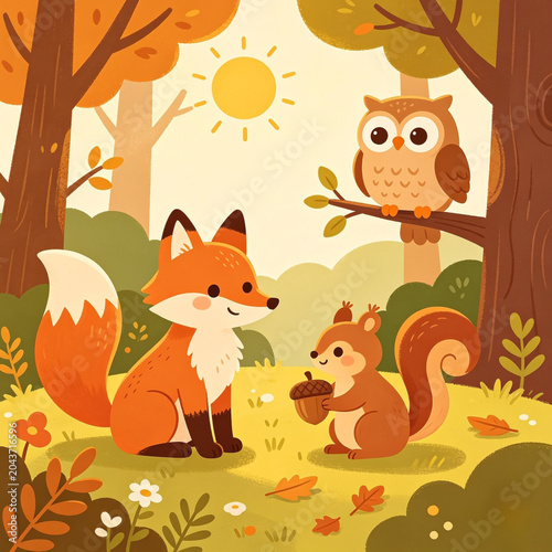 A cartoon illustration of a fox, squirrel, and owl in a forest