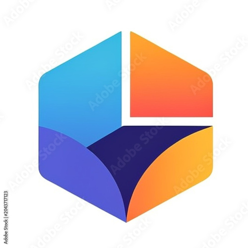 A colorful 3D cube with vibrant blue, purple, orange, and yellow sections