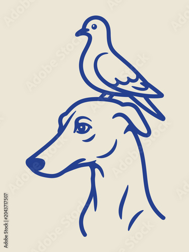 Fotografía Minimalist line art illustration of a greyhound dog with a bird perched on its h