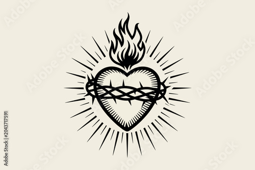 Canvas Print Sacred heart of jesus with crown of thorns and flames outline sketch vector illu