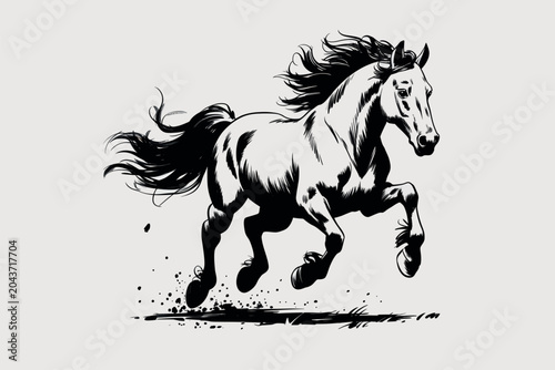 Bild auf Leinwand Dynamic black and white ink illustration of a galloping horse isolated on white