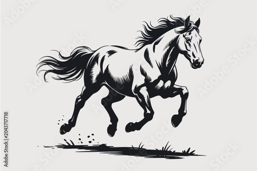 Foto A dynamic black and white illustration of a galloping horse isolated on white ba