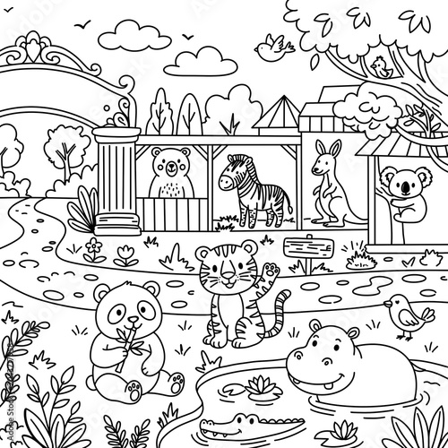 Photography Cute zoo animals cartoon illustration, kawaii safari landscape with panda, tiger