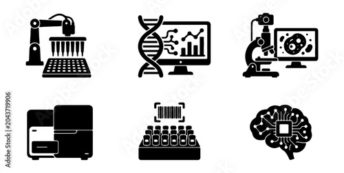 Foto Biotechnology Icons: DNA, Robotics, Microscopy, AI Brain, Lab Equipment