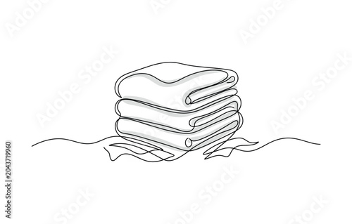 Continuous line folded blanket stack illustration with soft layered textiles and flowing household baseline, blanket, folded,