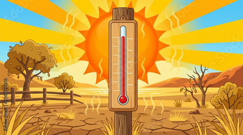 Extreme drought and heatwave concept with thermometer over cracked desert soil vector landscape