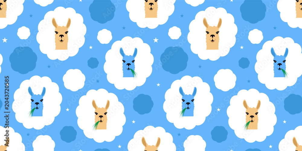 Fototapeta premium Seamless pattern with cute llamas on blue background. Childish vector illustration