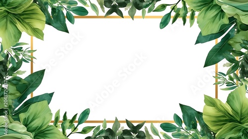 Empty golden frame on lush green tropical leaves background with natural sunlight