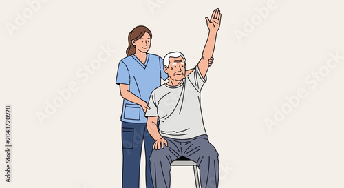 Elderly man doing physical therapy arm raise with nurse's assistance