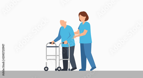 Elderly man with walker assisted by caregiver, symbolizing support and care