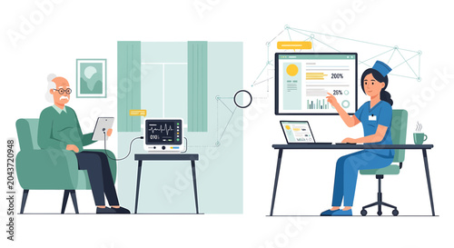 Elderly man using remote monitoring device while nurse consults on computer