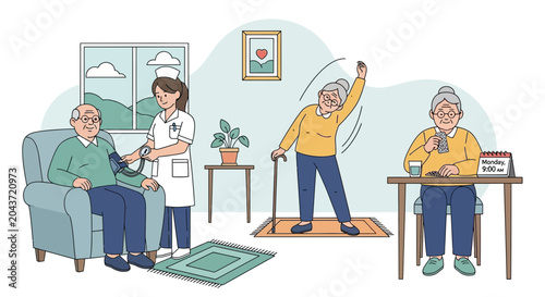 Elderly people receiving healthcare and exercising in a senior living facility