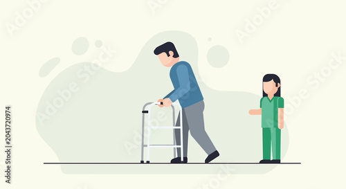 Elderly man with walker assisted by nurse, rehabilitation, healthcare, physical therapy