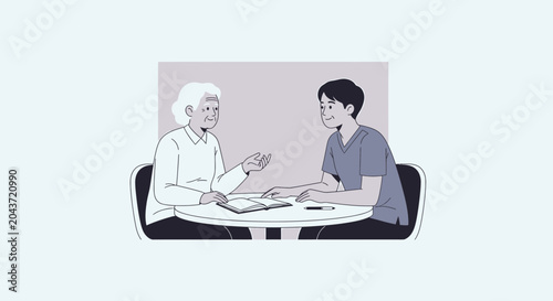 Elderly woman and caregiver discussing documents at a table, close-up, professional meeting