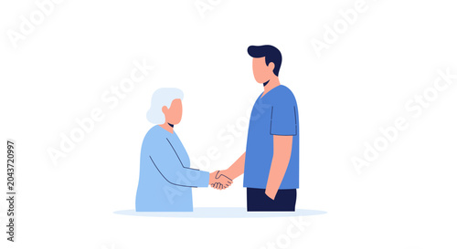 Elderly woman and young man shaking hands, diverse people, agreement, partnership, intergenerational connection