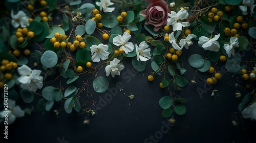 Close-up of Fresh White and Pink Roses Floating on Dark Water with Golden Leaves in Moody Still Life