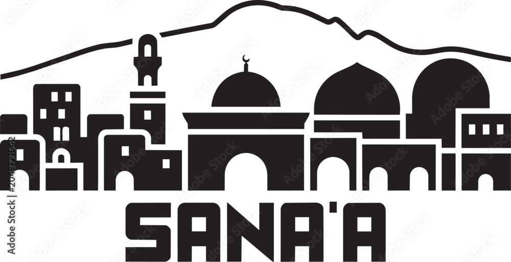 Fototapeta premium Sana'a cityscape with traditional Yemen buildings, domes, and a minaret topped with a crescent moon, mountainous skyline in monochrome style and old c