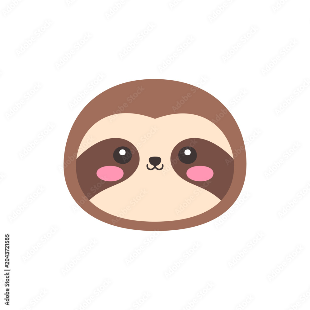 Fototapeta premium Cute Kawaii Sloth Face Flat Vector Illustration