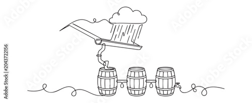 Continuous line art vector illustration of a rain barrel collection system harvesting rainwater from a roof gutter for sustainable eco friendly water conservation concept