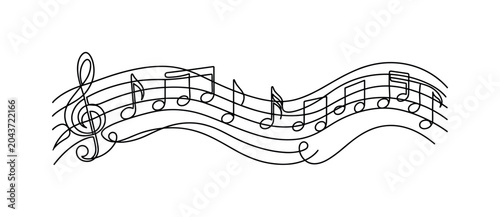 Continuous line music note illustration with treble staff, notes and flowing melodic baseline, music, notes, treble, staff, melody