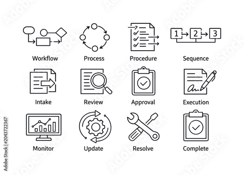 Business process icons showing workflow, steps, and completion stages