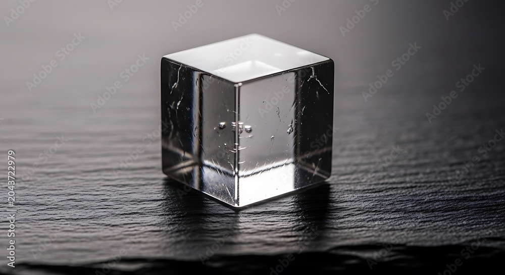 Fototapeta premium Close-up of Transparent Ice Cube on Dark Surface with Reflection and Light