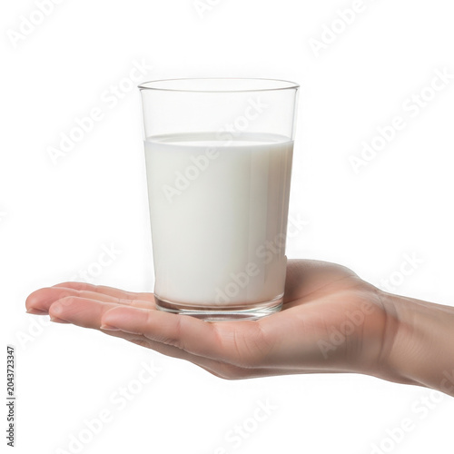 Hand Holding Glass of Milk, Fresh Dairy Beverage, Healthy Nutrition, White Background, Studio Shot