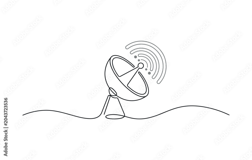 Obraz premium Continuous line satellite dish illustration with round antenna, angled stand and signal marks on flowing baseline, satellite dish,