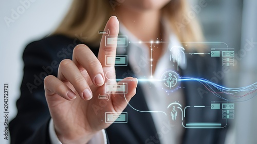 Hands typing on a keyboard with a luminous AI chip icon surrounded by symbols for law, government, documents, goals, and safety.
