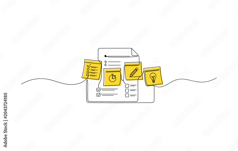 Obraz premium Continuous line sticky notes board illustration with yellow notes on document sheet and flowing baseline, sticky notes, document,