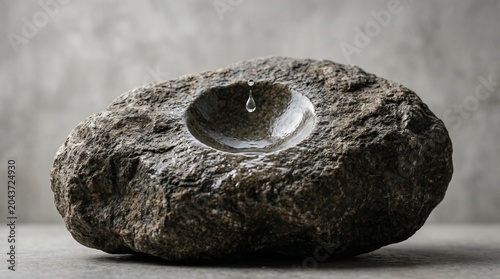 Close up of a textured rock with a single water droplet in a concave pool