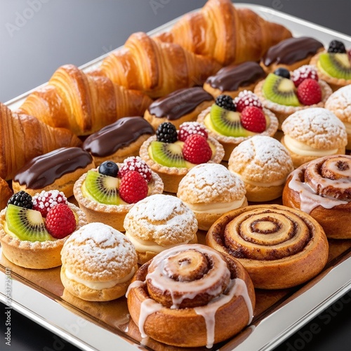 Assorted gourmet pastries with croissants, eclairs and fruit tarts.
